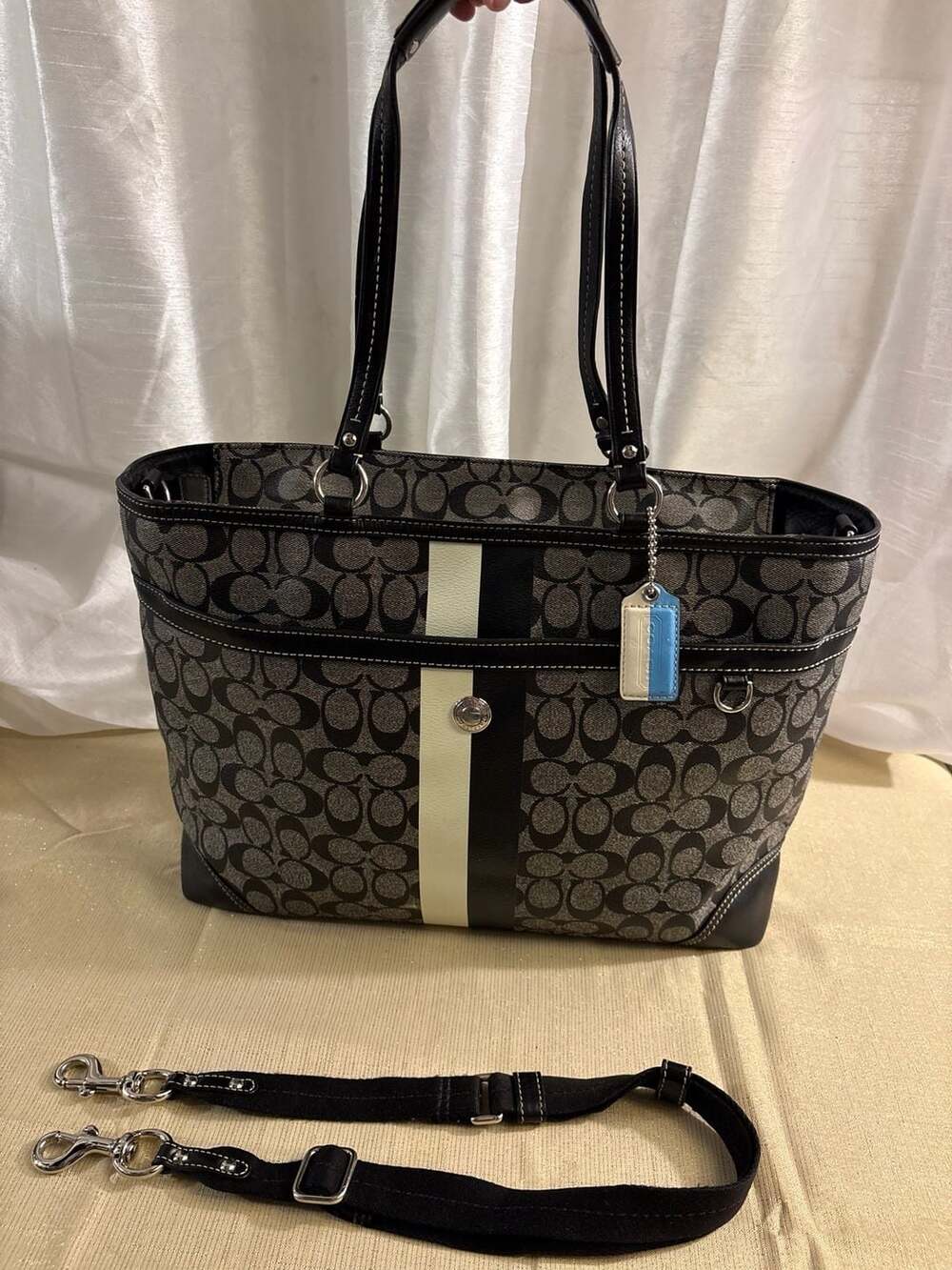 Coach Chelsea Heritage Stripe Tote Bag Black Gray Signature F14475